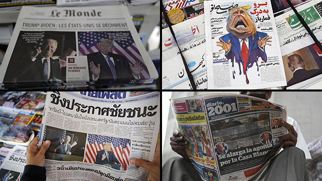 Front pages of newspapers around the world cover the uncertainty over the election result 