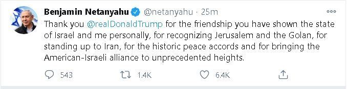 Prime Minister Benjamin Netanyahu thanks outgoing president Trump for friendship to Israel and him personally 