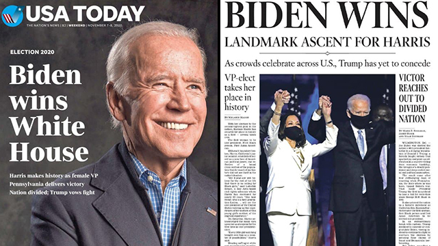 ארה"ב בחירות 2020 ניצחון ג'ו ביידן כותרות עיתונים ב עולם