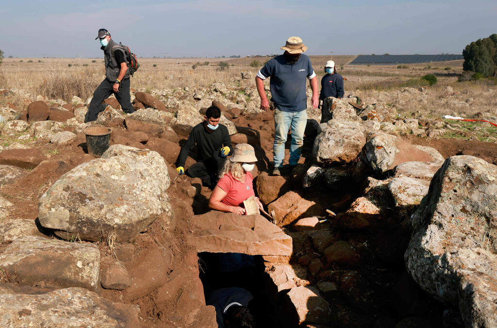 Israel Antiquities Authority (IAA) archeologists work at a fortified complex from the time of King David which was exposed for the first time in archaeological excavations carried out by IAA in the Hispin settlement in the Israeli-annexed Golan Heights 