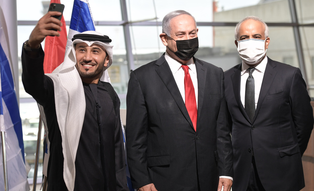 Prime Minister Benjamin Netanyahu attends the ceremony welcoming the flydubai airline to Israel last week 