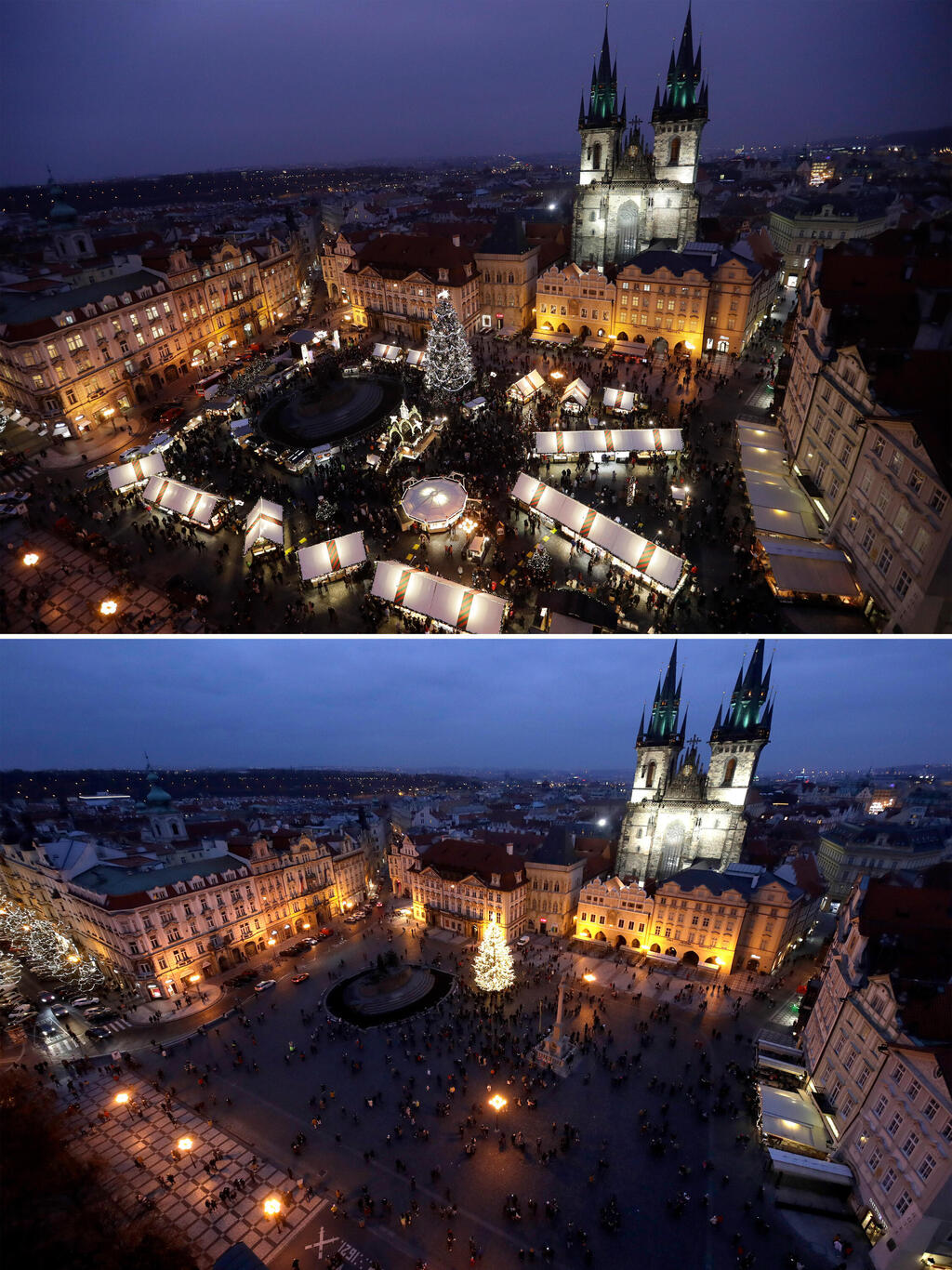 שוק חג המולד בכיכר העיר העתיקה בפראג ב-2020 וב-2019