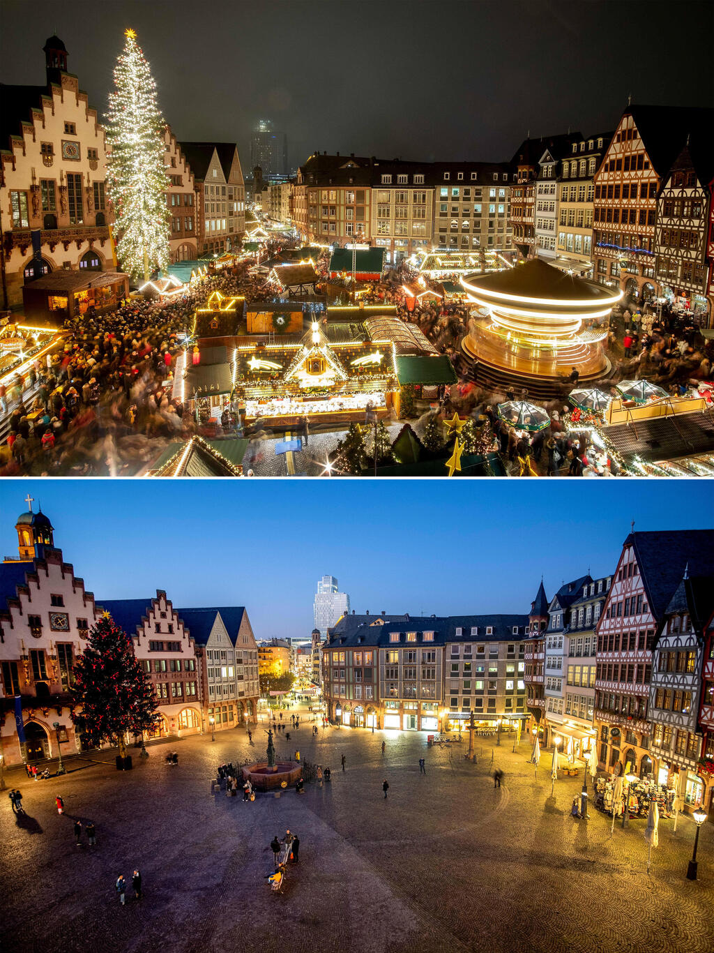 שוק חג המולד בכיכר רומרברג בפרנקפורט ב-2020 וב-2019