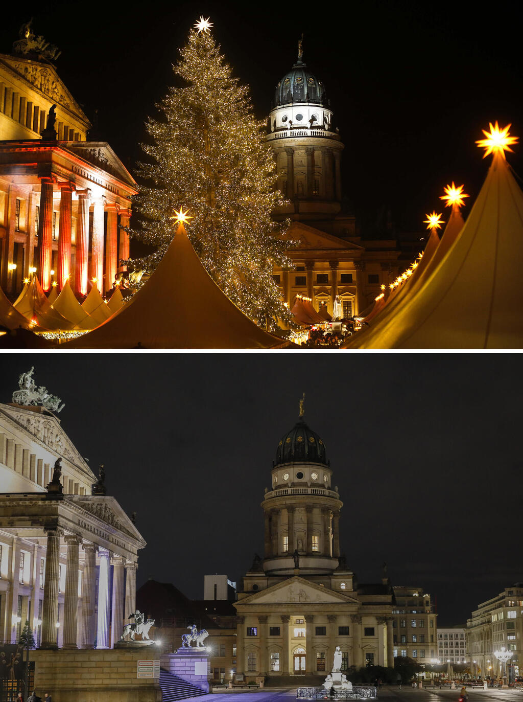 שוק חג המולד בכיכר ז'נדארמנמארקט בברלין ב-2020 וב-2019