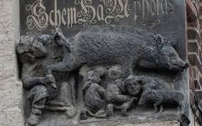 The so-called “Judensau,” or “Jew pig,” sculpture is displayed on the facade of the Stadtkirche (Town Church) in Wittenberg, Germany