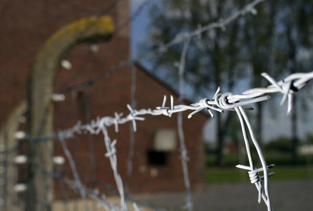 Barbed wire is seen at the memorial site of the former Nazi concentration camp 'Neuengamme' in Hamburg, northern Germany 
