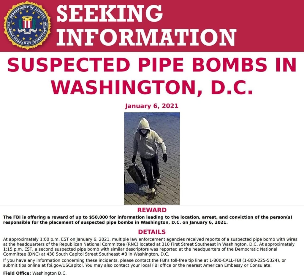 ארה"ב מהומות וושינגטון FBI מציע פרס על מידע על מניח מטעני הצינור