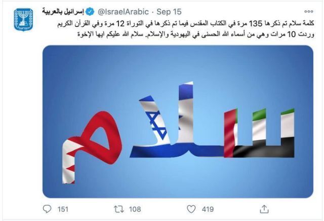 The words peace in Hebrew and Arabic as part of Israel's social media campaign directed at the Arab world 