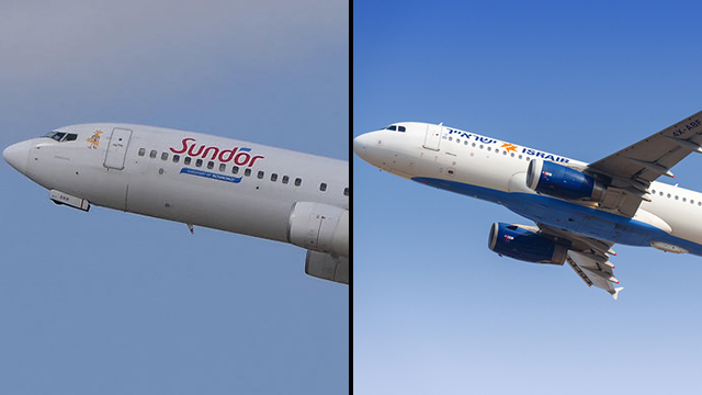 מימין: מטוס של ישראייר. משמאל מטוס של סאן דור