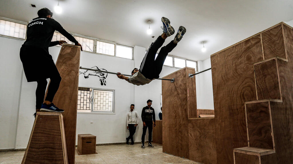 alestinian youths train at the Wallrunners Parkour Academy's training facility in Gaza 