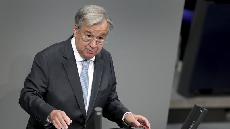 UN Secretary-General Antonio Guterres delivers a speech during a meeting of the German federal parliament, Bundestag, at the Reichstag building in Berlin 