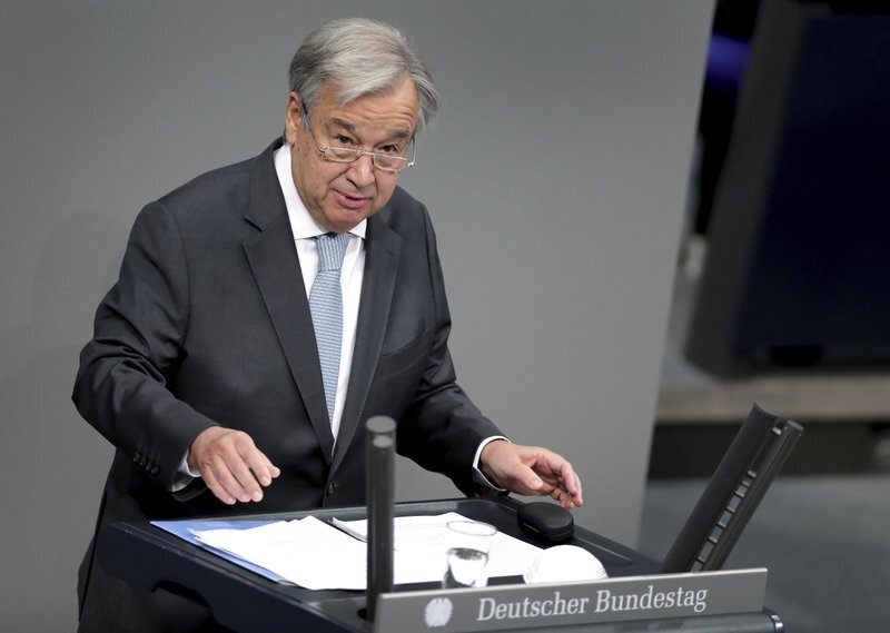 UN Secretary-General Antonio Guterres delivers a speech during a meeting of the German federal parliament, Bundestag, at the Reichstag building in Berlin 