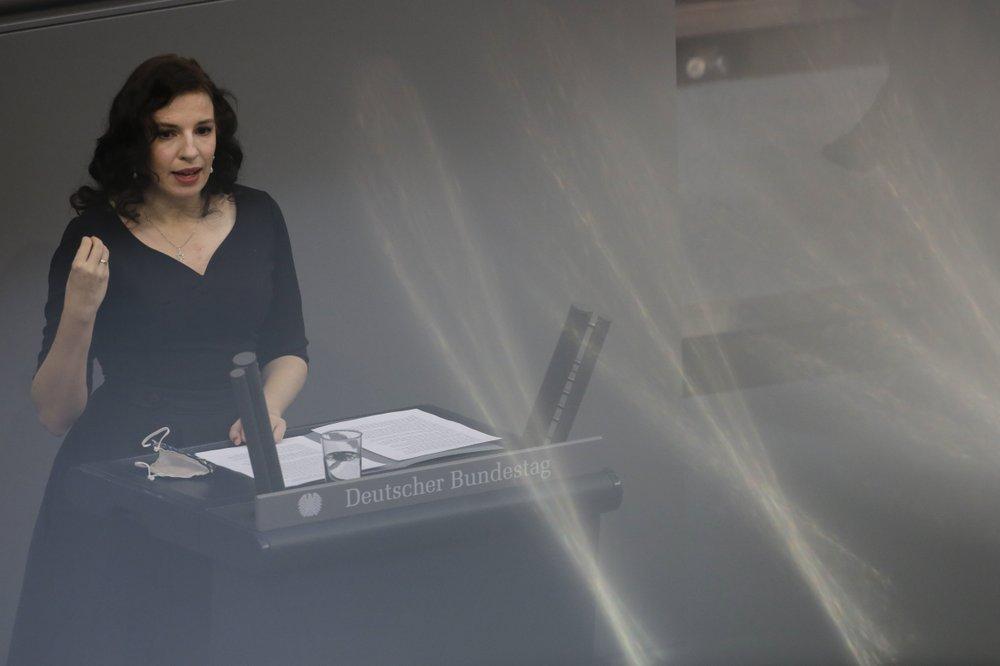 Ukrainian born Jew Marina Weisband delivers a speech at the German Federal Parliament, Bundestag, at the Reichstag building in Berlin, Germany, Wednesday, Jan. 27, 2021 during a special meeting commemorating the victims of the Holocaust on the International Holocaust Remembrance Day. 