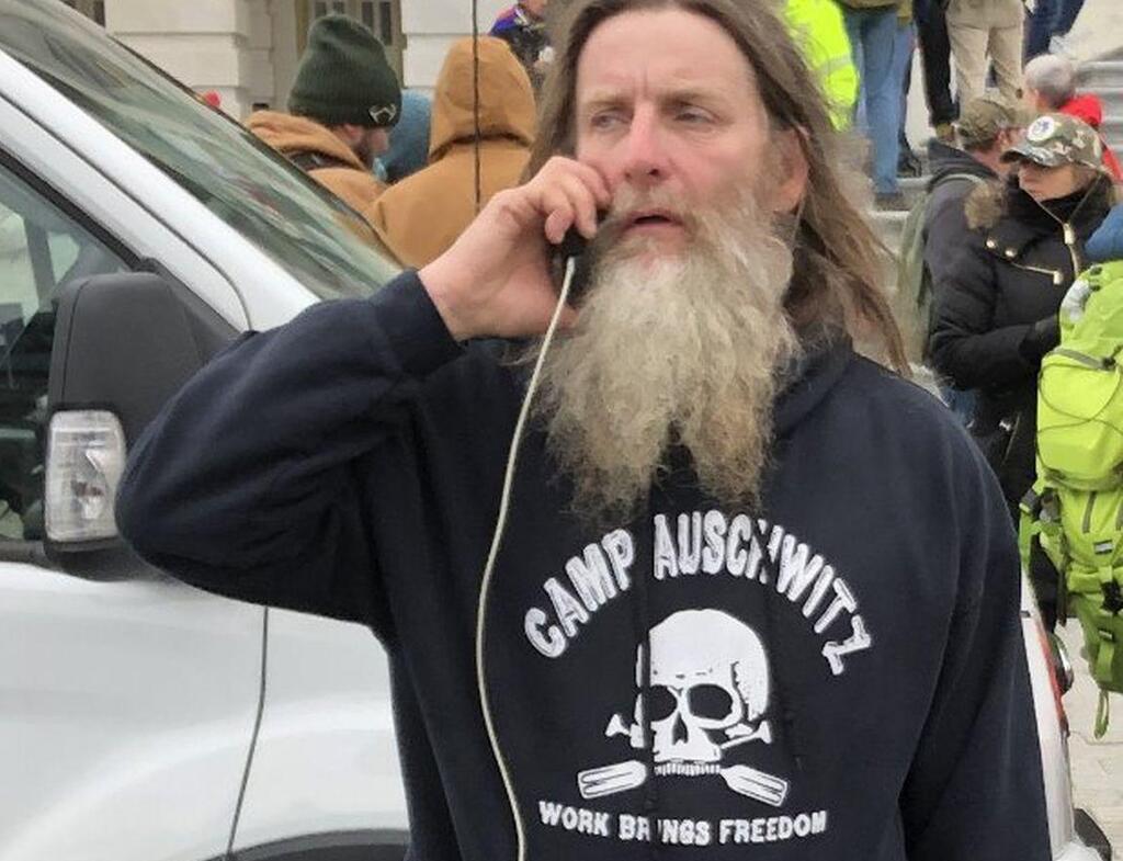 A Trump supporter wearing a 'Camp Aushwitz' jacket during the attack on the U.S. Capitol on Jan. 6 (Photo: Courtesy) A Trump supporter wearing a 'Camp Aushwitz' jacket during the attack on the U.S. Capitol on Jan. 6