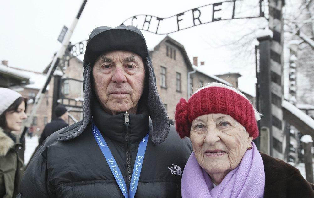 Rose Schindler, 85, right, a survivor of Auschwitz, and her husband Max, 85, visit the former death camp in Oswiecim, Poland 