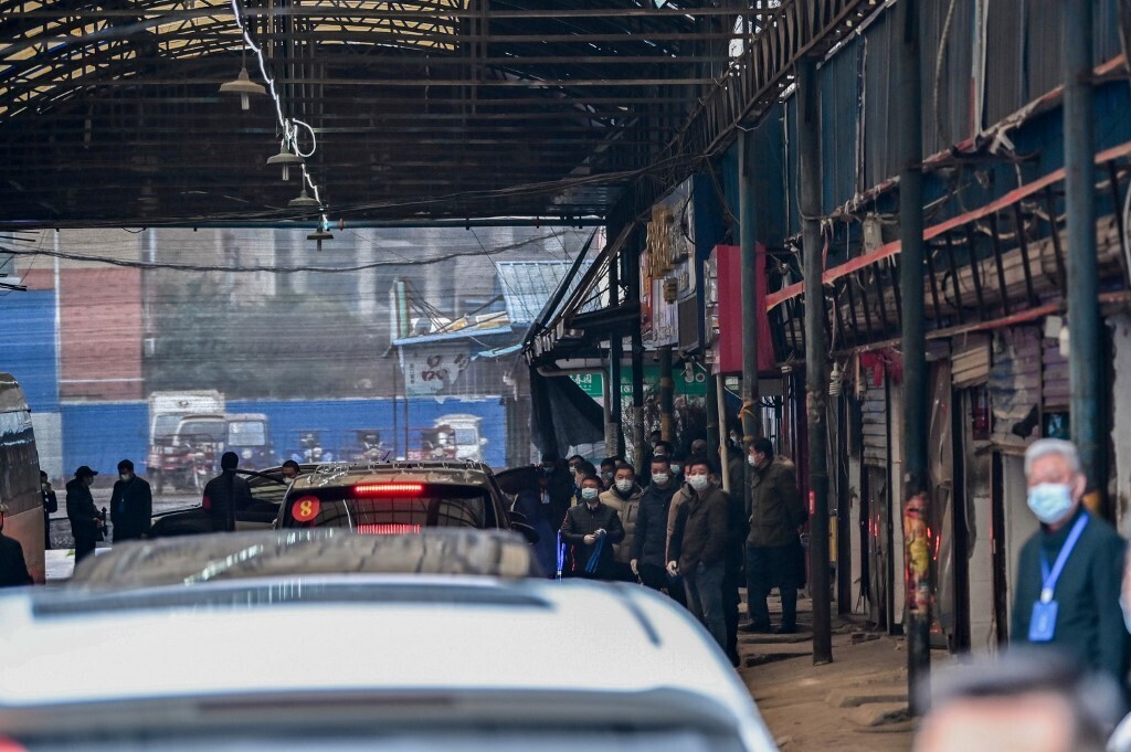 Cars transporting members of the World Health Organization (WHO) team, investigating the origins of the COVID-19 coronavirus, arrive at the closed Huanan Seafood wholesale market in Wuhan, China’s central Hubei province 