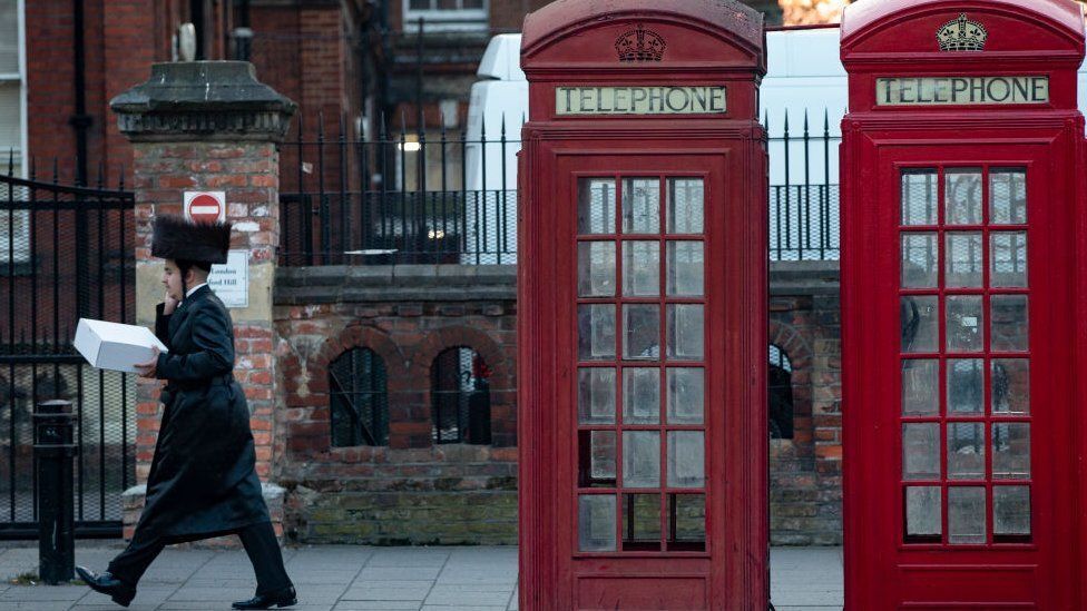 Ultra-Orthodox man walking past London's world-famous red telephone booths