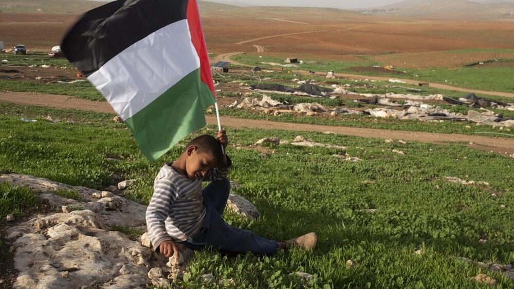 A Palestinian Bedouin boy holds a Palestinian flag after Israeli troops demolished tents and other structures of the Khirbet Humsu hamlet in the Jordan Valley in the West Bank 
