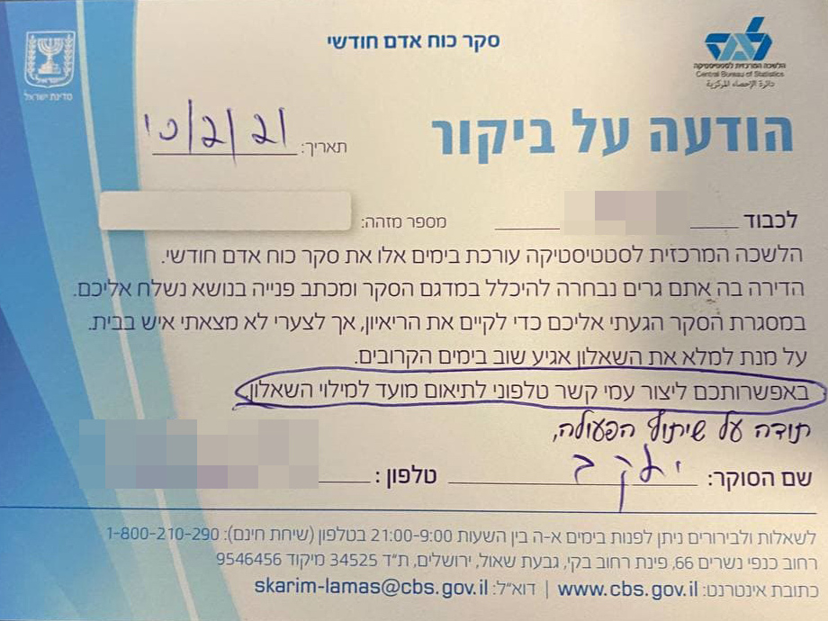 Предупреждение о визите сотрудника ЦСБ הודעה על ביקור של סוקר למ"ס