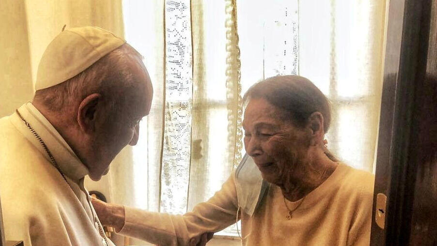 Pope Francis meets with poetess and Holocaust survivor, Edith Bruck, in Rome, Italy, February 20, 2021. Vatican