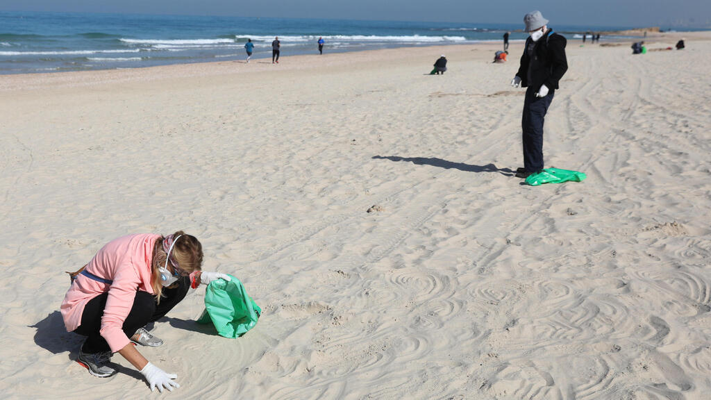  Israeli volunteers search for tar grains while cleaning the Palmachim Beach
