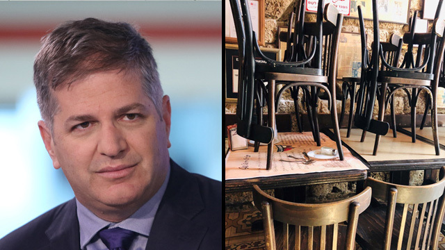 Deputy Health Minister Yoav Kisch and a closed restaurant (Photo: Avi Moalem, Tiki Golan ) Deputy Health Minister Yoav Kisch and a closed restaurant