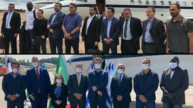 חברי משלחת ברזיל בלי מסכות לפני הטיסה לישראל ועם מסכות אחרי הנחיתה