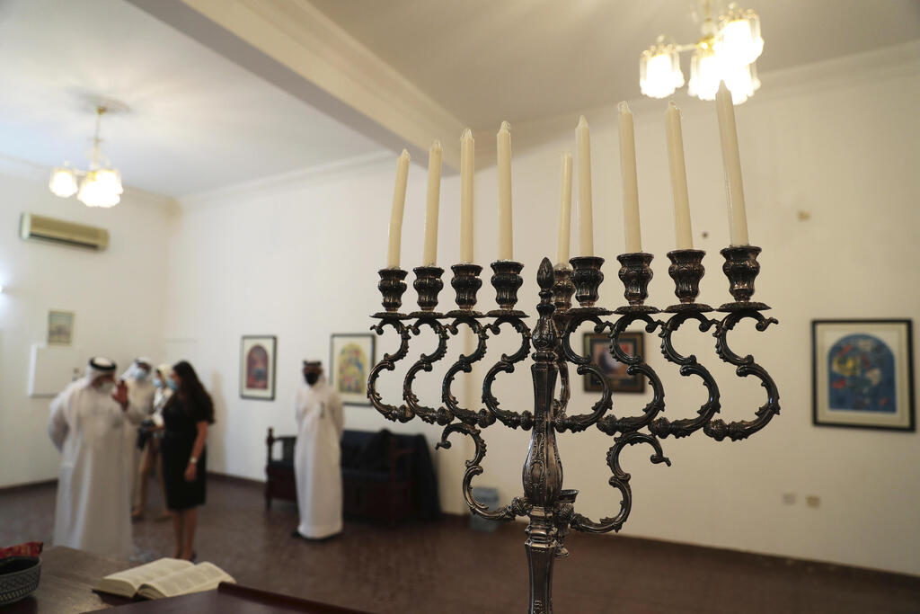 A menorah used during the Jewish holiday of Hanukkah, during a visit by an Israeli delegation to the Jewish Community Synagogue of Bahrain 