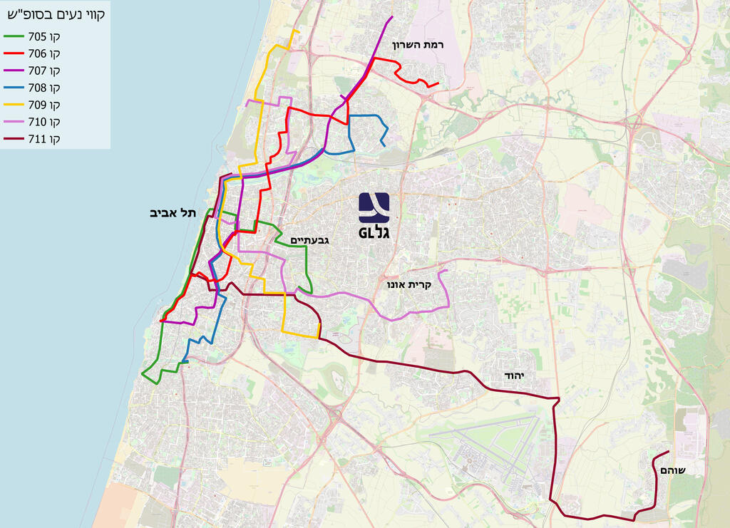 Карта бесплатных маршрутов по субботам и праздникам מפת הקווים