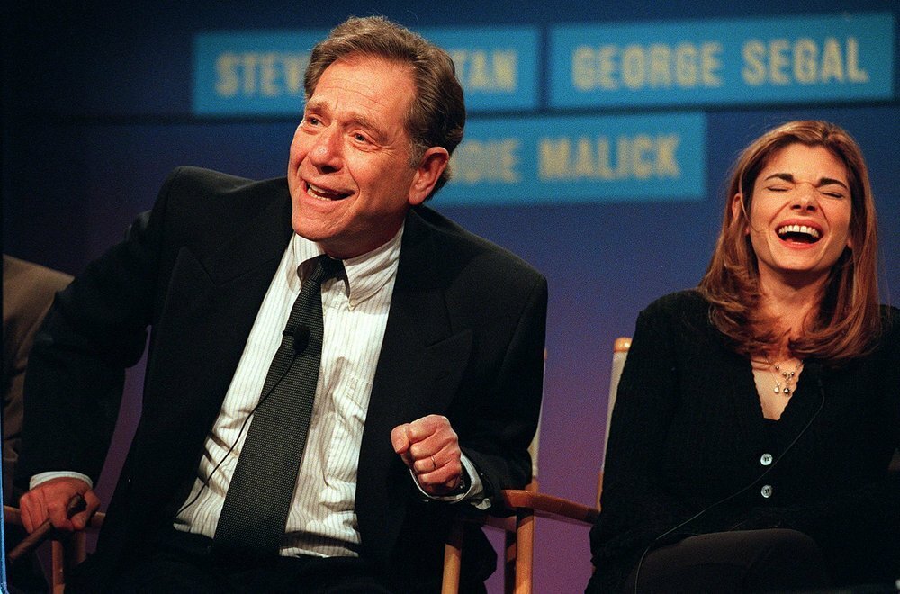 'Just Shoot Me' costars George Segal, left, and Laura San-Giacomo on a press tour in California, Jan. 1997 