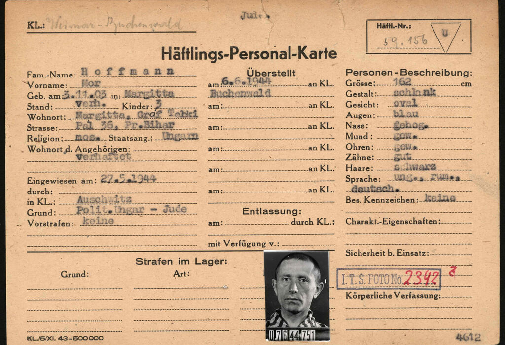 This reproduction handed out on March 22, 2021 by the Arolsen Archives shows the prisoner card (Haeftlings-Personal-Karte) of Hungarian Mor Hoffmann who was kept imprisoned by the Nazis in the Auschwitz and Buchenwald concentration camps