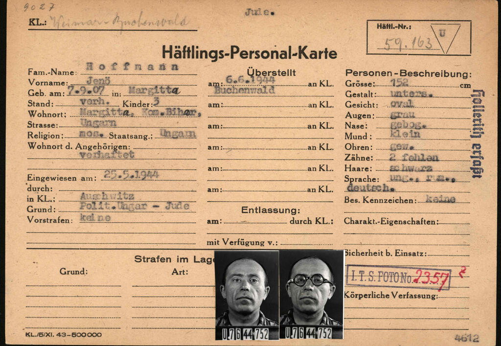 This reproduction handed out on March 22, 2021 by the Arolsen Archives shows the prisoner card (Haeftlings-Personal-Karte) of Hungarian Jeno Hoffmann who was kept imprisoned by the Nazis in the Auschwitz and Buchenwald concentration camps