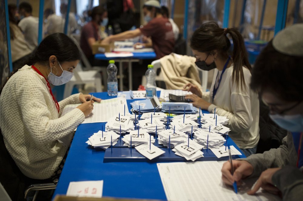 Workers count votes in Israel's national elections wearing and divided in groups by sheets of plastic masks to help curb the spread of the coronavirus, at the Knesset 