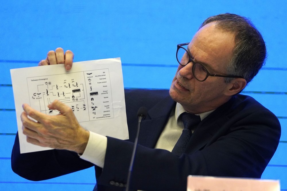 Peter Ben Embarek of the World Health Organization team holds up a chart showing pathways of transmission of the virus during a joint news conference at the end of the WHO mission in Wuhan in central China's Hubei province 