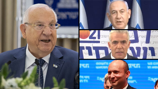 Clockwise from top right: Prime Minister Benjamin Netanyahu, Yesh Atid leader Yair Lapid, Yamina leader Naftali Bennett and President Reuven Rivlin   