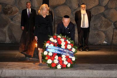 Then Vice President Joe Biden and his wife Jill lay a reef at the memorial hall at Yad Vashem Holocaust Remembrance Center in Jerusalem in 2010 