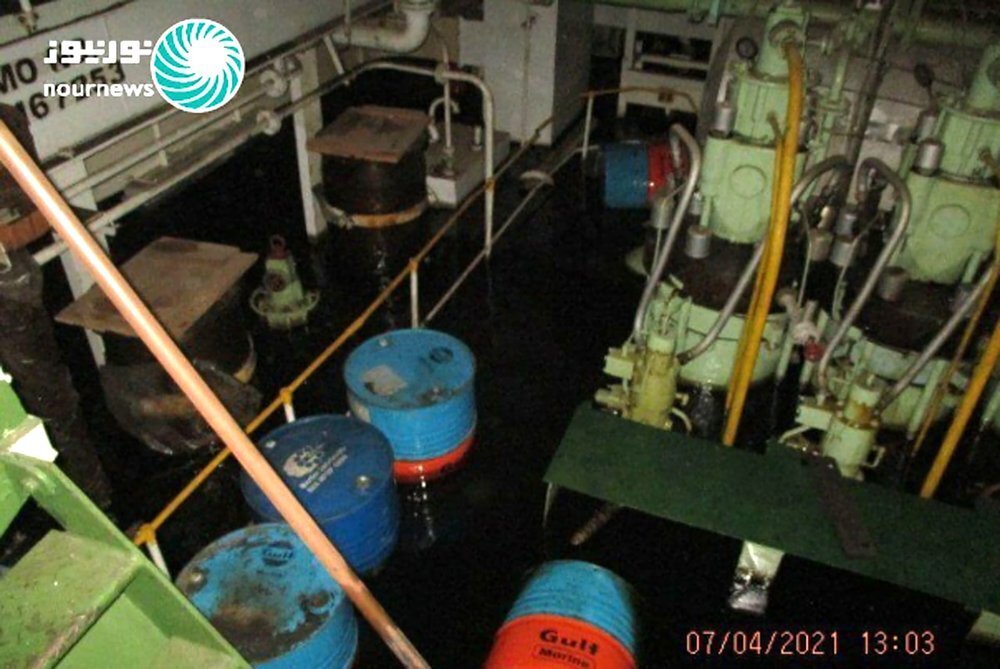 This photo released by Nournews on Thursday, April 8, 2021, shows the flooded engine room of the Iranian ship MV Saviz after being attacked in Red Sea off Yemen 