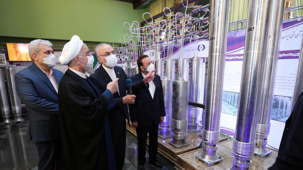 Iranian President Hassan Rouhani inspects advanced centrifuges at the Natanz uranium enrichment facility on Saturday 