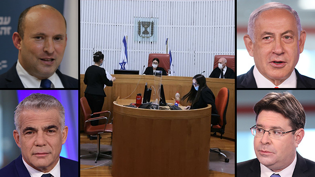 Clockwise from top left: Naftali Bennett, Benjamin Netanyahu, Ofir Akunis and Yair Lapid. Center: The High Court of Justice in session    