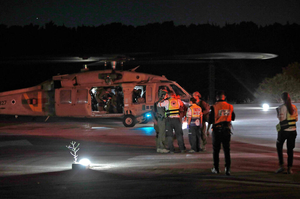 Israeli military helicopter evacuating injured people from Ziv hospital in the Israeli northern city of Safed to a central Israel hospital 