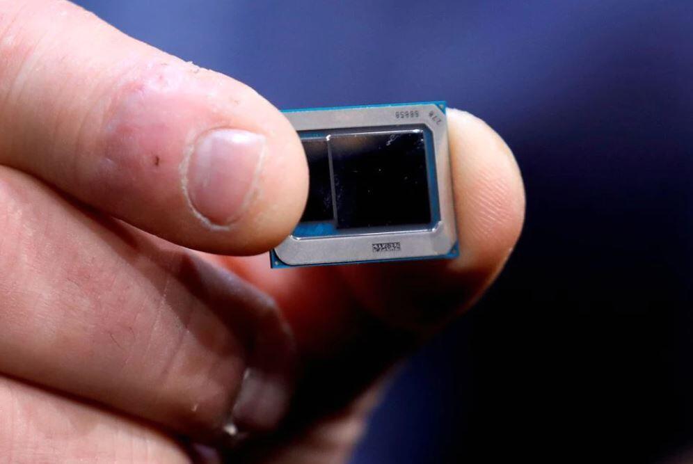 An Intel Tiger Lake chip is displayed at an Intel news conference during the 2020 CES in Las Vegas, Nevada, U.S.
