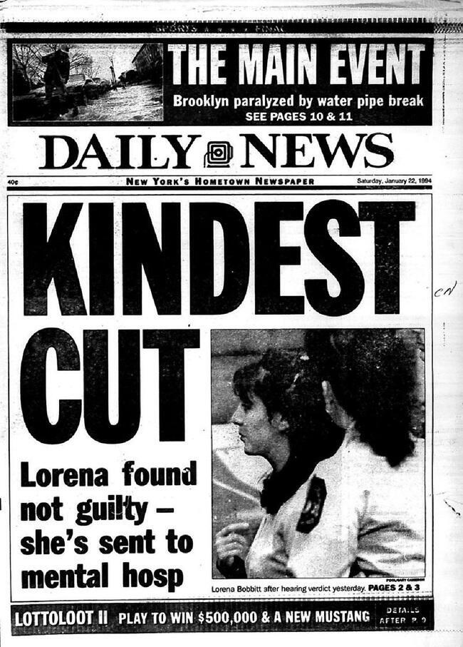 העיתון Daily News מדווח על זיכויה של לורנה בוביט
