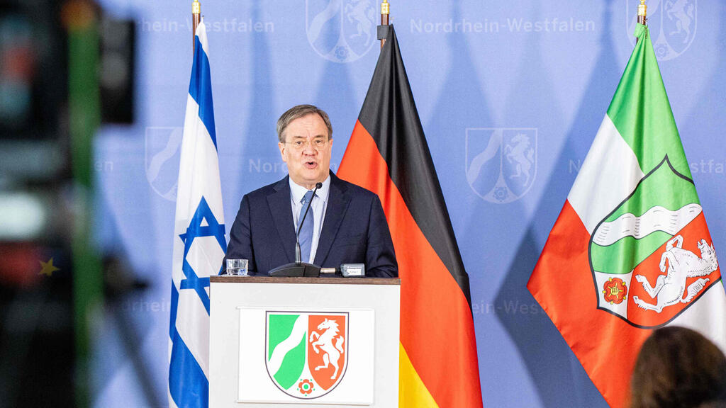 North Rhine-Westphalia's State Premier and leader of the Christian Democratic Union (CDU) Armin Laschet addresses a press on protective measures for Jewish institutions in 