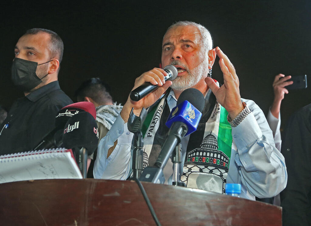 Hamas leader Ismail Haniyeh speaking in the Qatari capital of Doha, where he lives, May 15, 2021 