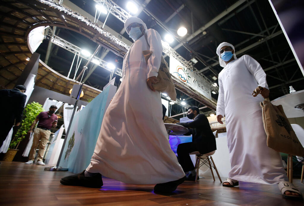 Visitors at Arabian Travel Market fair in Dubai, United Arab Emirates, 16 May 2021