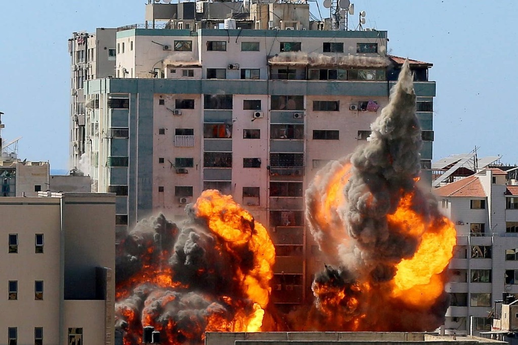 The Israeli strike on the tower housing media outlets in Gaza, on Saturday 