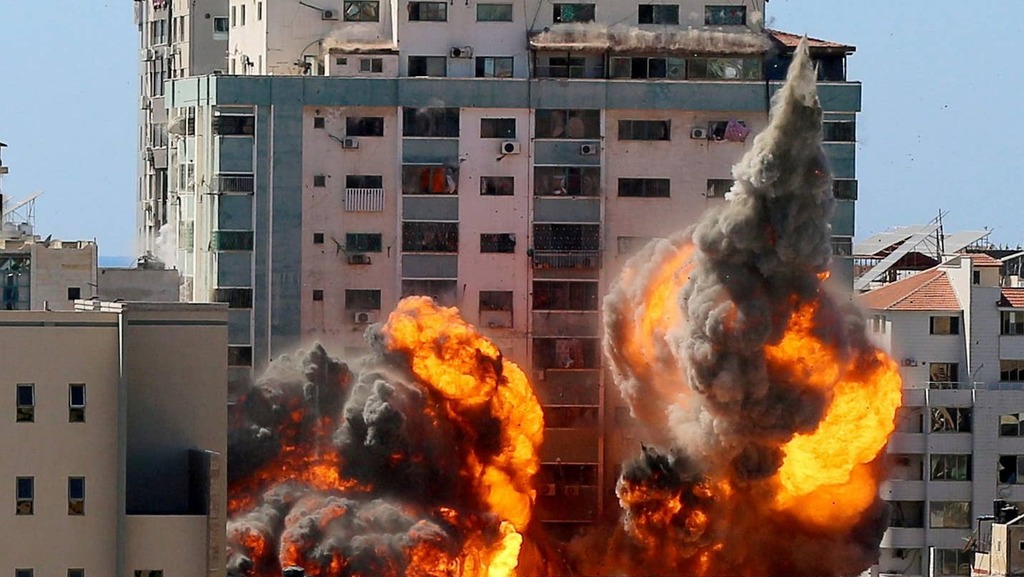 The Israeli strike on the tower housing media outlets in Gaza, on Saturday 