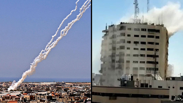 Rockets being fired into Israel from Gaza and a multi-story building being bombed by IDF in the Strip 
