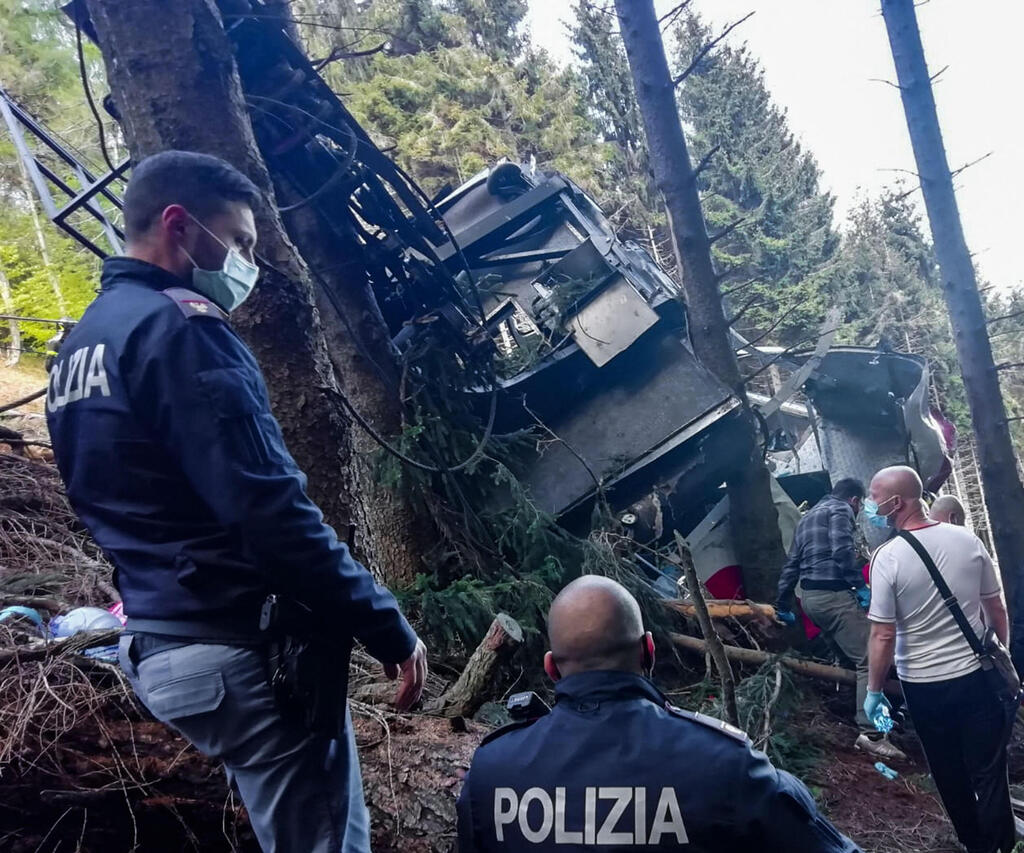 The crash site of the cable car in the Italian Alps 