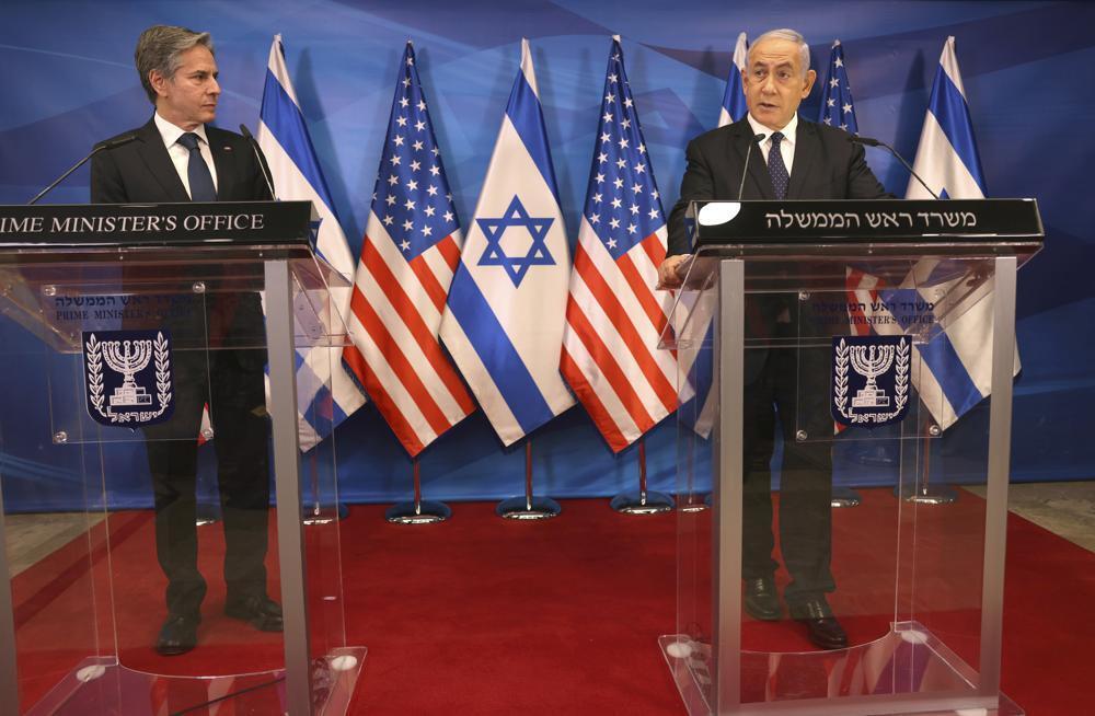 Secretary of State Antony Blinken speaks during a joint statement with Israeli Prime Minister Benjamin Netanyahu at the Prime Minister's office 